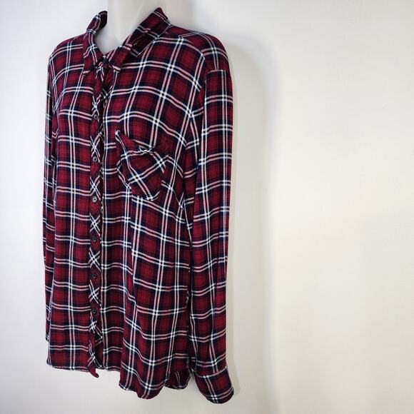 Beach Lunch Lounge Shirt Large Red Plaid Button Up Flannel Rayon Button Back - Picture 6 of 9